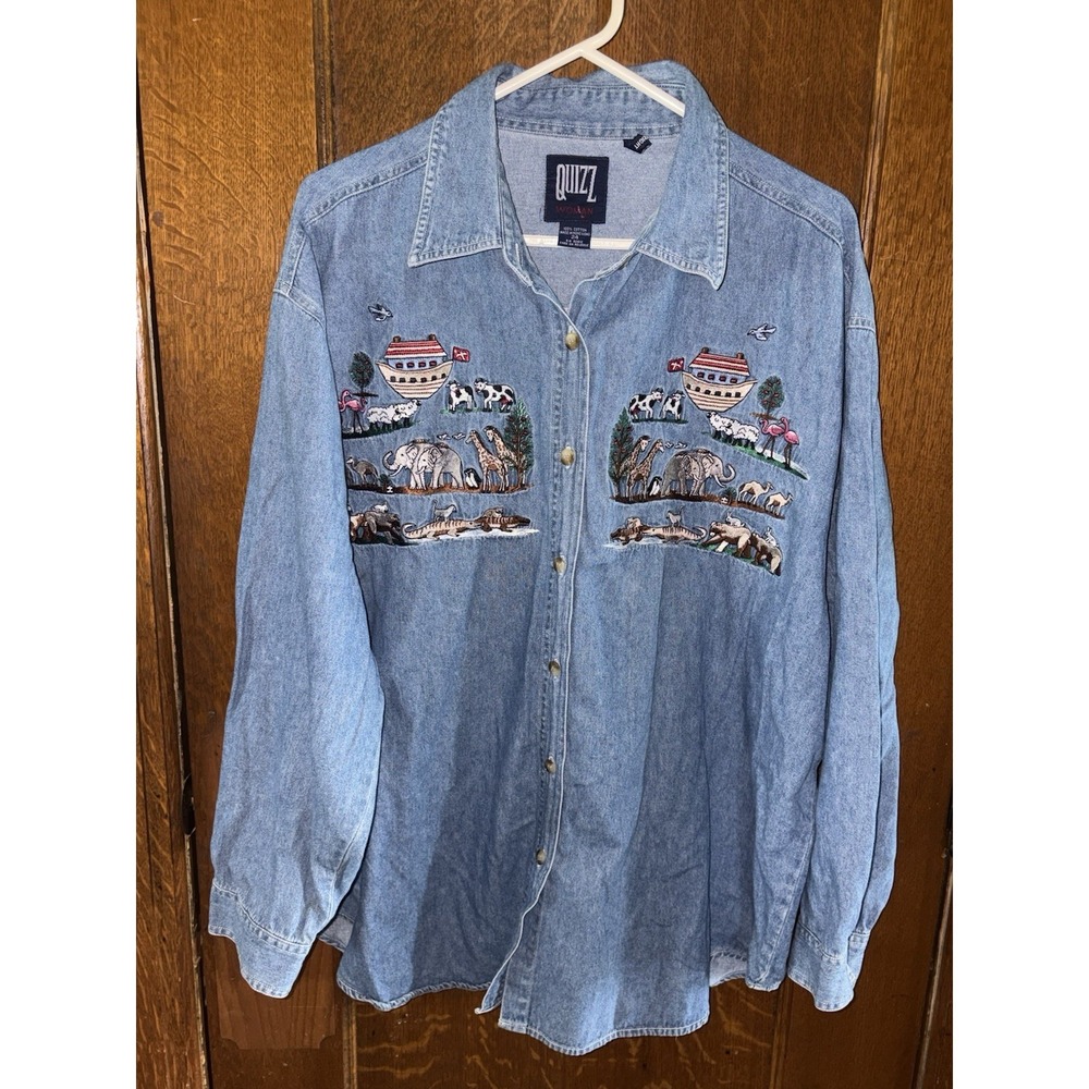 Chambray Denim Shirt Plus Size 24 Noah's Ark Animals  Quizz Woman Cotton Teacher
